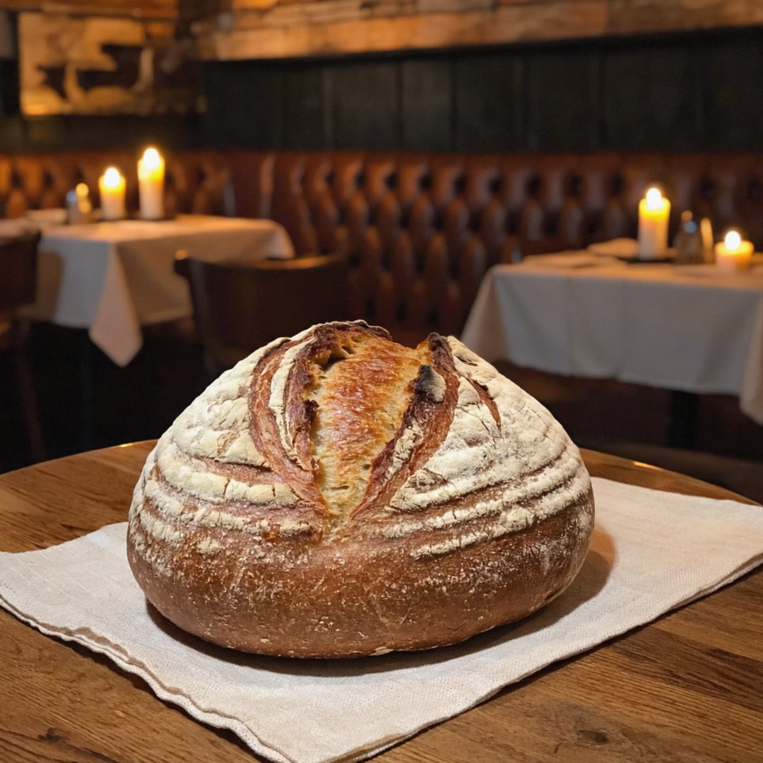 Rustic sourdough boule in front of a bistro banquette