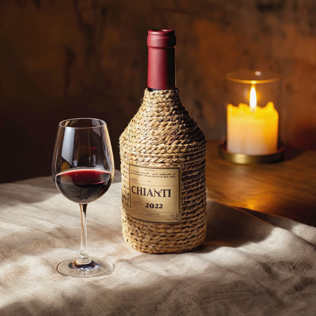 Chianti 2022 in straw-basket fiasco with wine glass and candle