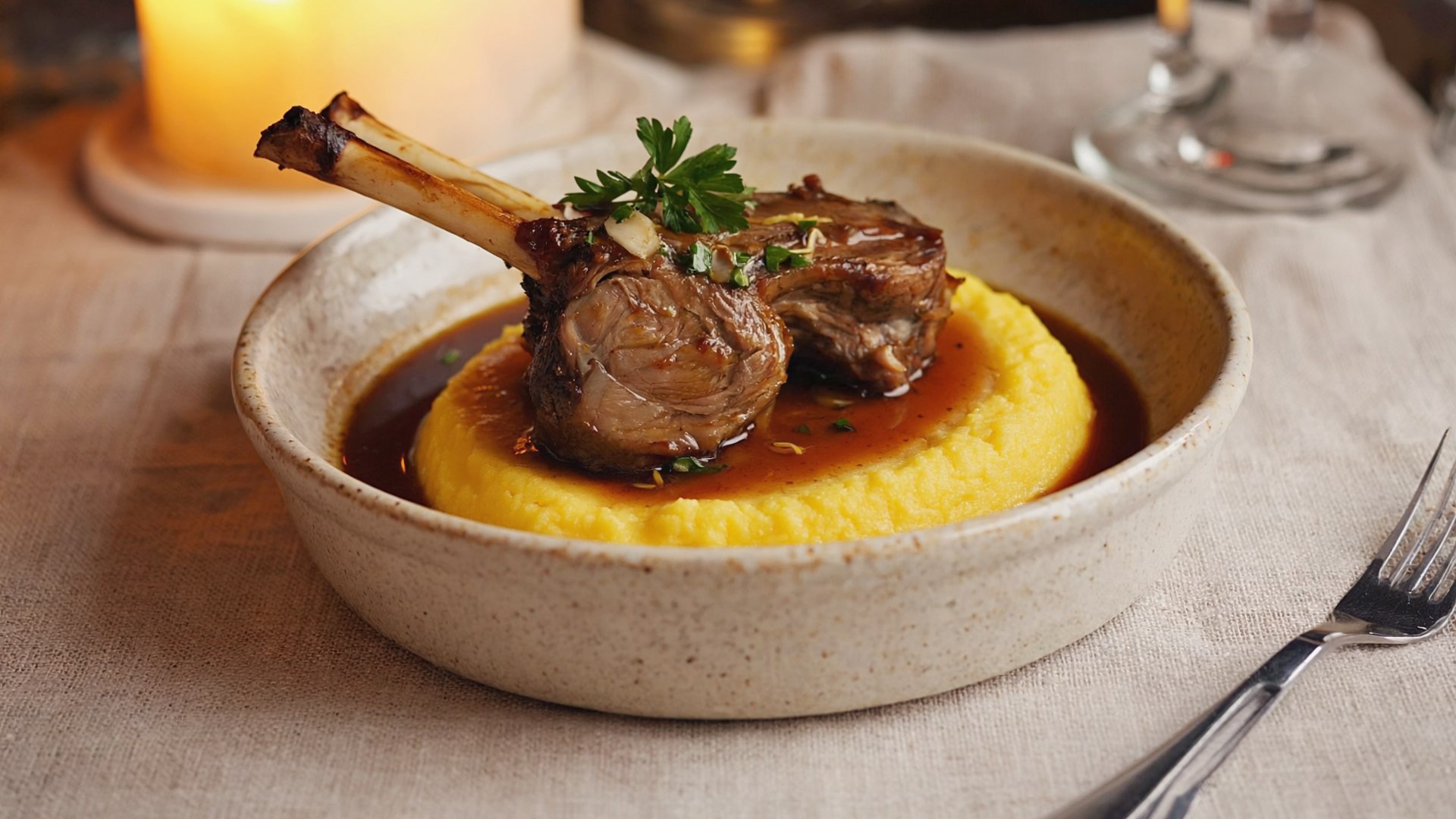 Braised lamb shoulder on soft polenta with gremolata